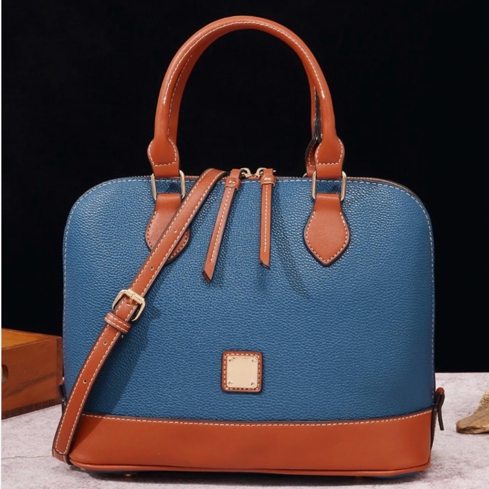 Blue and Brown Pebbled Vegan Leather Satchel NEW - Picture 2 of 8